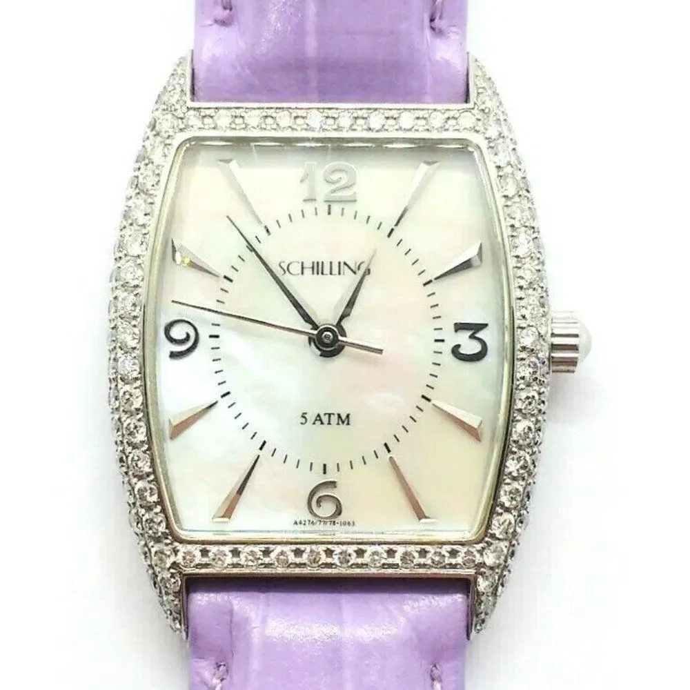Elegant Schilling Women's Diamond Watch Mother Of Pearl Stainless Steel Purple